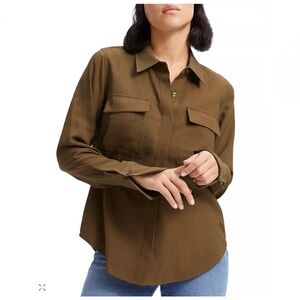 Good American Flap Pocket Shirt, Olive Brown, Size 2